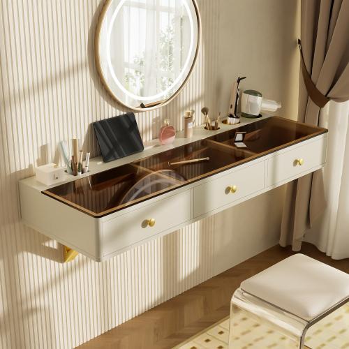 [Bellemave]GO 47" Floating Shelf with Drawer, Multi-Purpose Wall-Mounted Vanity Table, Mounted Desk, Floating Table for Bedroom, Bathroom, Hairdressers,  Beige and Golden