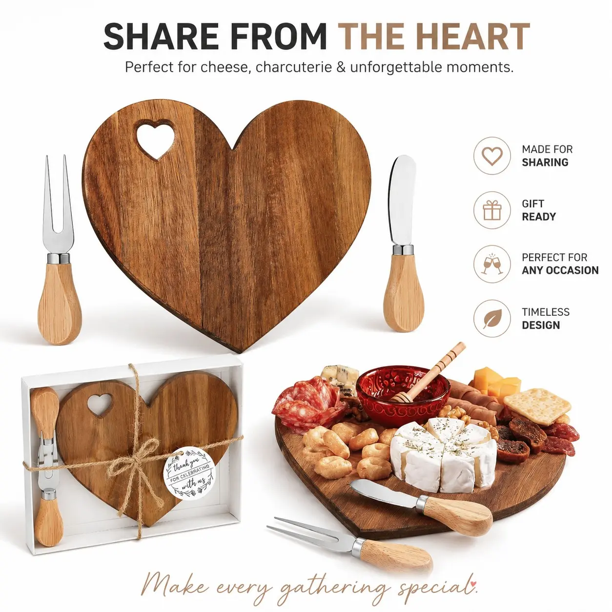 Heart-Shaped Wooden Cheese Board with Knife, Elegant Kitchen Aesthetic, Perfect for Snack Serving, Ideal Gift for Celebrations
