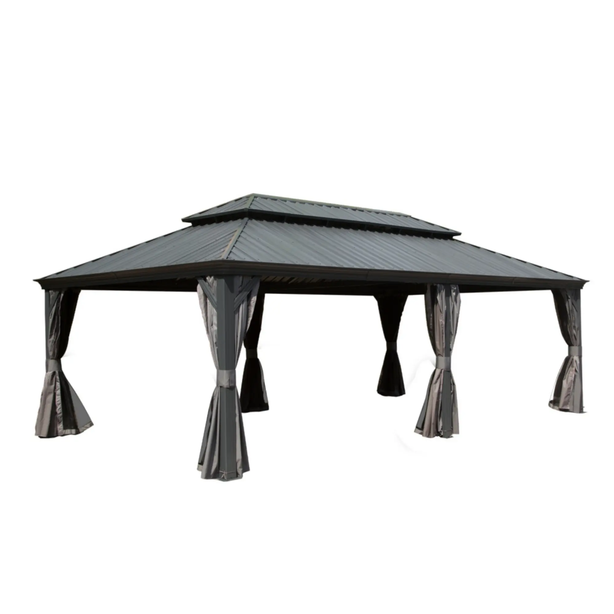 Nokaa 14x24FT Hardtop Gazebo Outdoor Metal Gazebo with Galvanized Steel Double Roof Aluminum Frame Built-in Gutter System Curtains and Netting Patio Garden Backyard Pavilion Shelter Grey