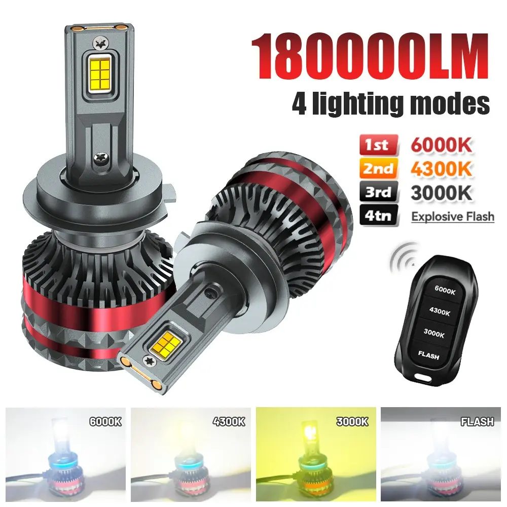 High-Power Tricolor LED Headlights with Remote Control, Models H1, H11, 9005, 9006, H7, Blud, H4, Compatible with Can Bus and Cooling Fan, LED Headlight Bulb