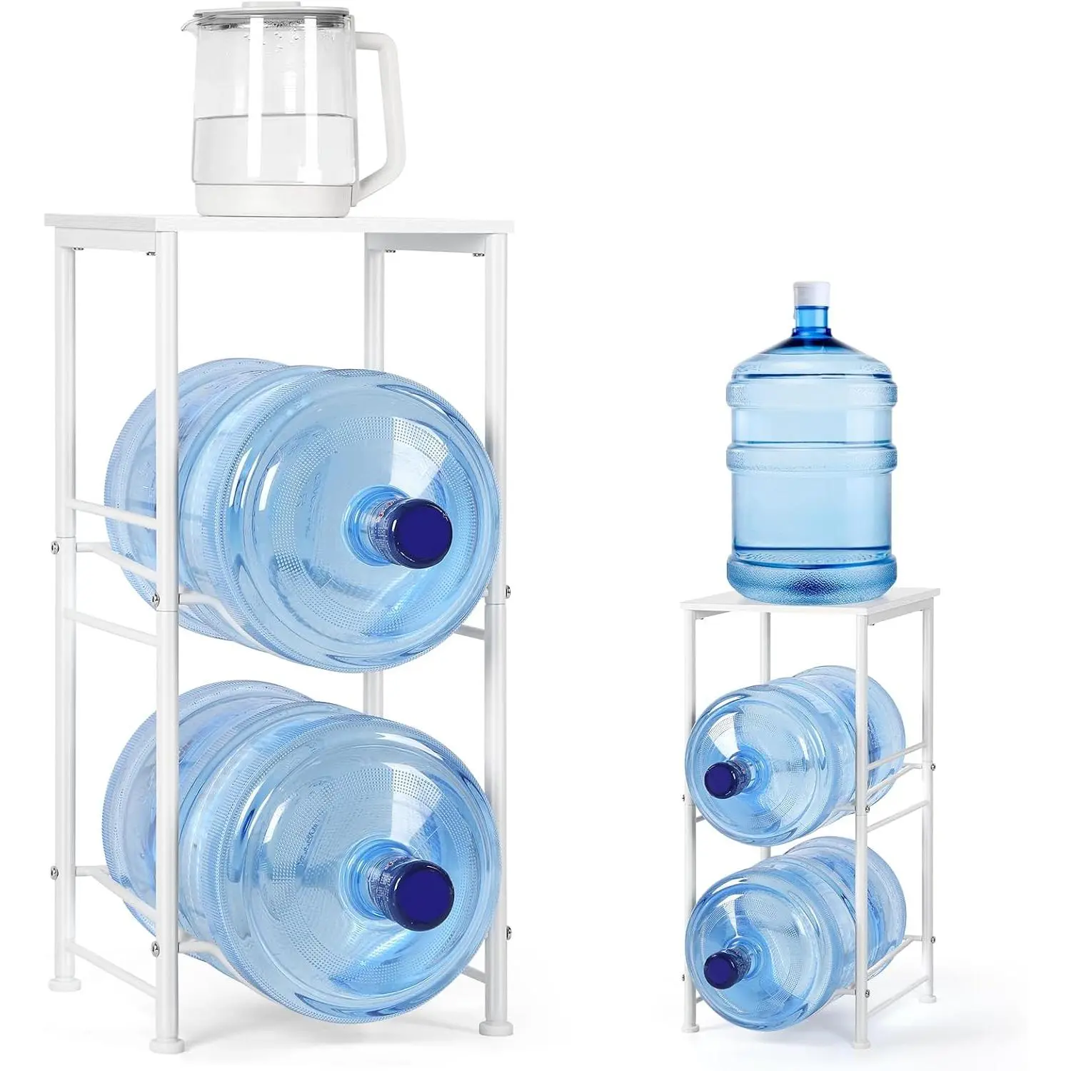 5 Gallon Water Jug Holder Water Dispenser Stand with Top Shelf, 5 Gal Water Bottle Holder with 2 Slots Round Metal Frame for Kitchen, Dining Room, Office, White