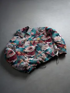 Men's Vintage Oil Painting Floral Jacquard Harrington Jacket, Lapel Zipper Style, Drawstring Hem, Spring Fall American Retro Casual Coat