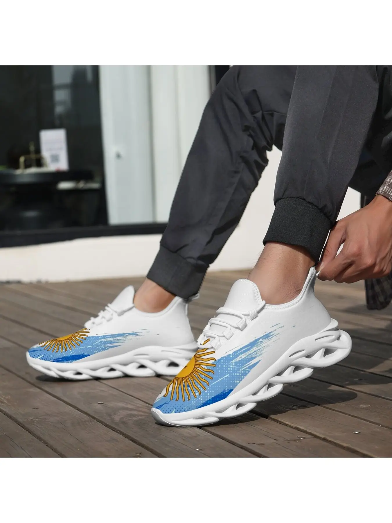 Retro Grunge Argentina Flag Sun Graphic Chunky Blade Sneakers for Men Women, Black Mesh Hollow Out Platform Walking Trainers, Vintage Brushstroke Sol de Mayo Print Lightweight Non Slip Lace Up Casual Street Sports Shoes