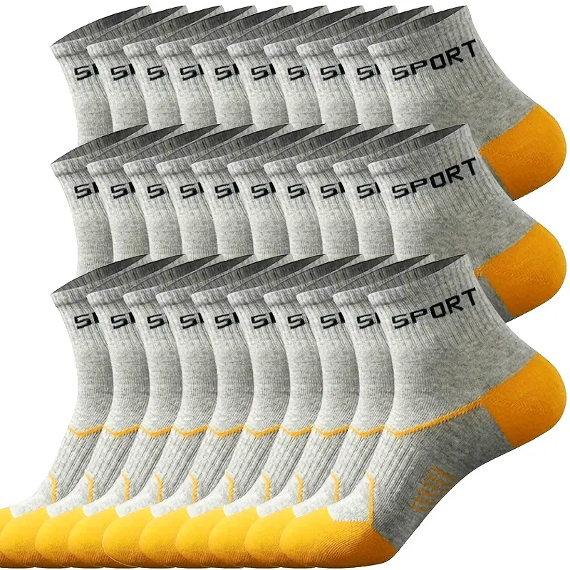30 Pairs Men's Crew Socks for Athletic Running, Solid Letter Graphic, Breathable with Reinforced Toe, Athletic Running Socks, Sportswear, 30 Pairs-Dark Gray, Activewear, Menswear, Casual Wear, Athletic Socks