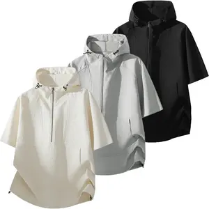 Men's Half-Zip Hooded Windshirt, Oversize Athletic Short Sleeve Top in Lightweight, Quick-Dry Fabric for Casual Summer Travel, Zip Up Hoodie