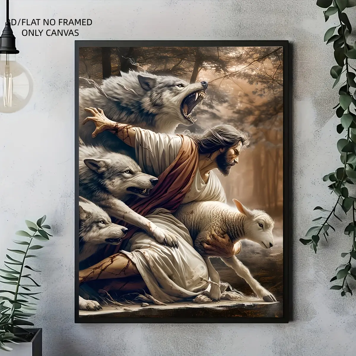 Religious Decorative Printed Canvas Art Print (1 Piece) - High-Quality Printing Production Art, Unframed Classic Solid Wall Poster with Jesus, Wolf & Lamb, Ideal for Home Decor, Church Gifts