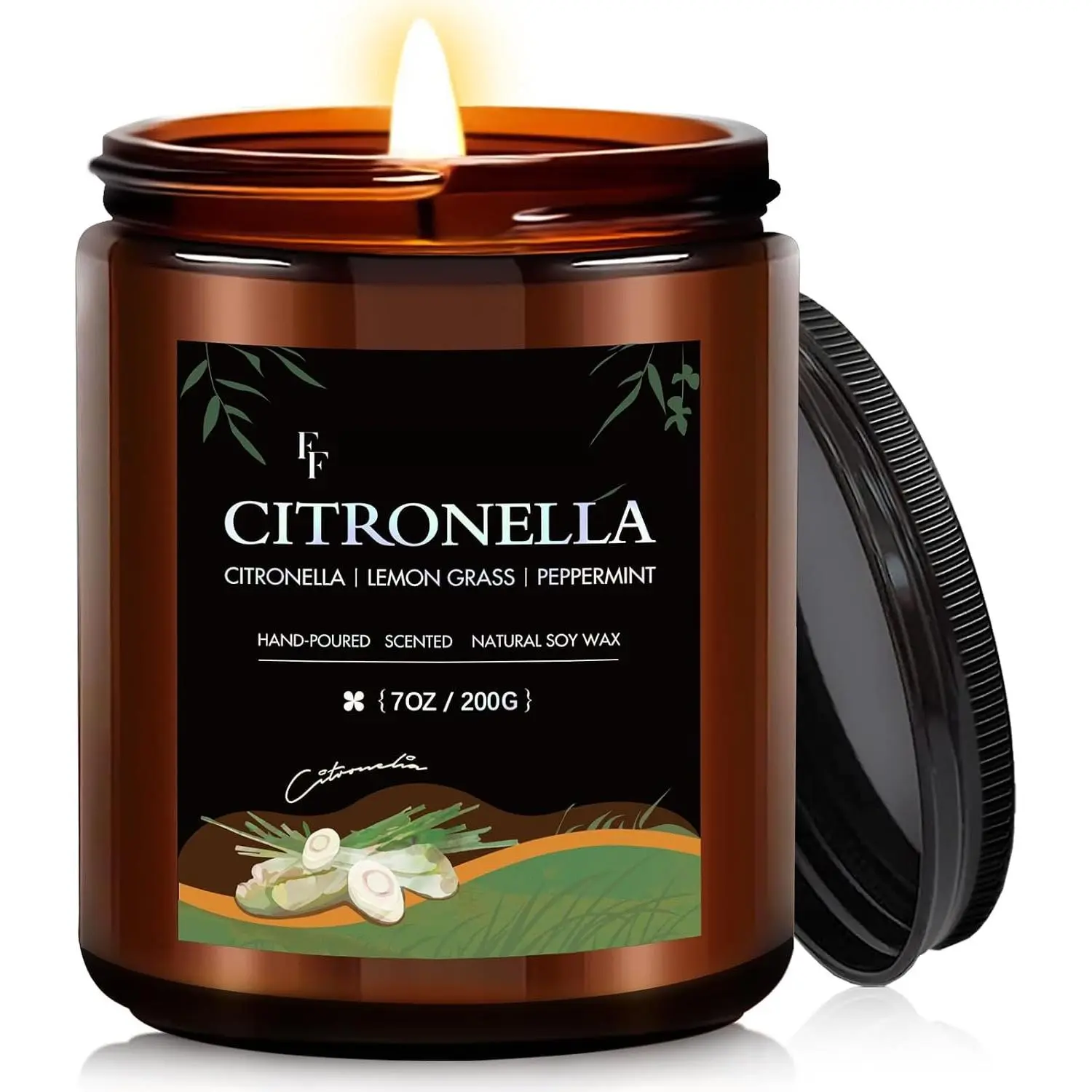 Citronella Candle, Indoor Outdoor Lemongrass Scented Candle, Soy Wax Jar Candle, 50-Hour  Time, 7 oz
