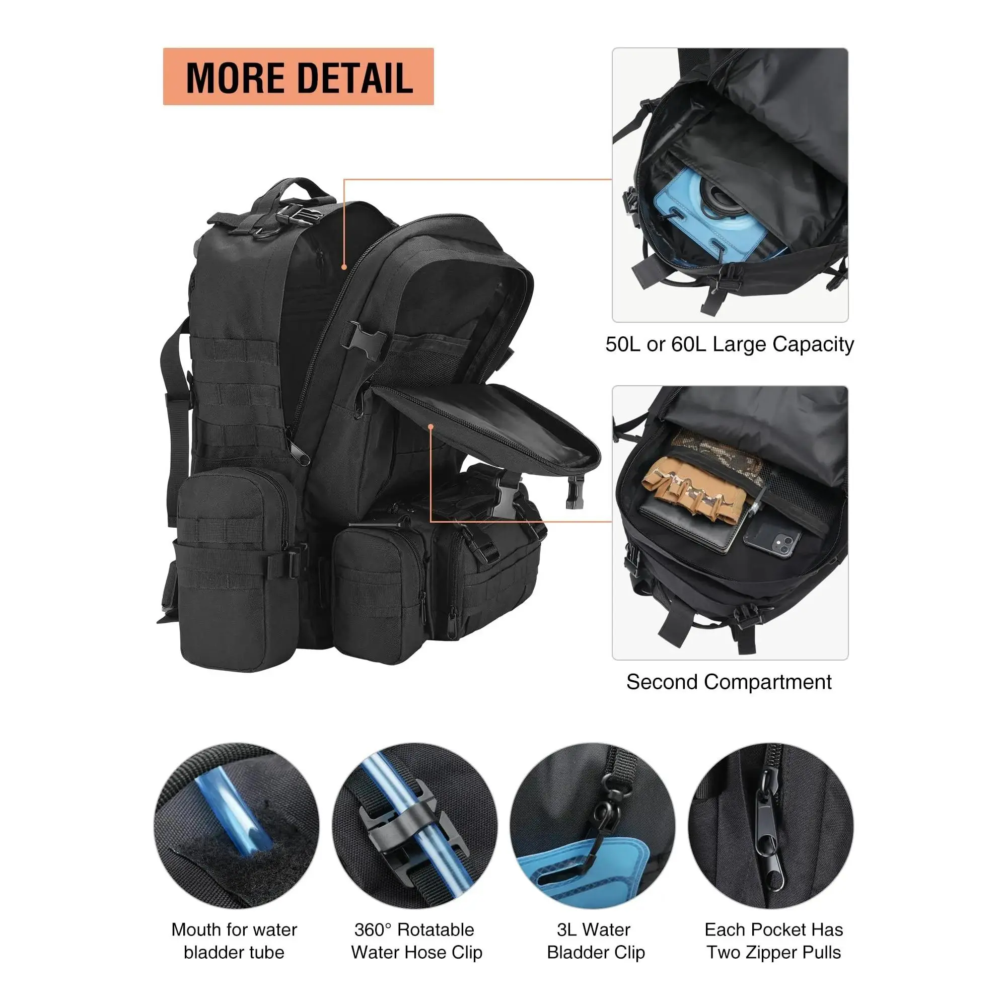 60L Backpack for Men 3 Day Pack Large Camping Detachable Rucksack with Bottle Holder For Hiking Camping Traveling house-moving