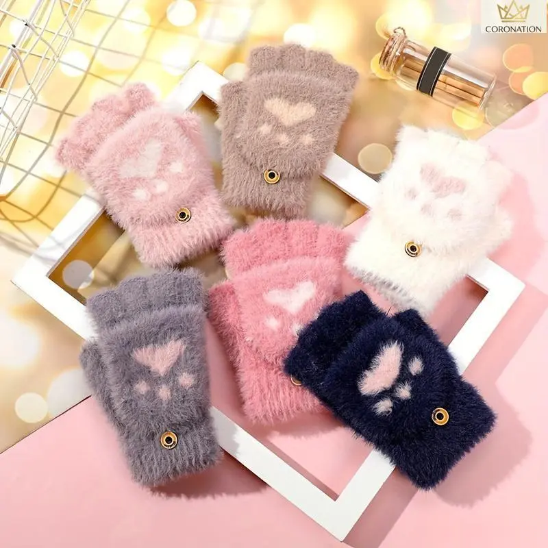 Cute Cat Paw Gloves for Women, Aesthetic Kawaii Winter Mittens with Soft Plush Lining, Convertible Flip Top Fingerless Knit Gloves, Cozy Warm Touchscreen Gloves for Cold Weather Outdoor Wear, Daily Travel Accessories & Holiday Gift