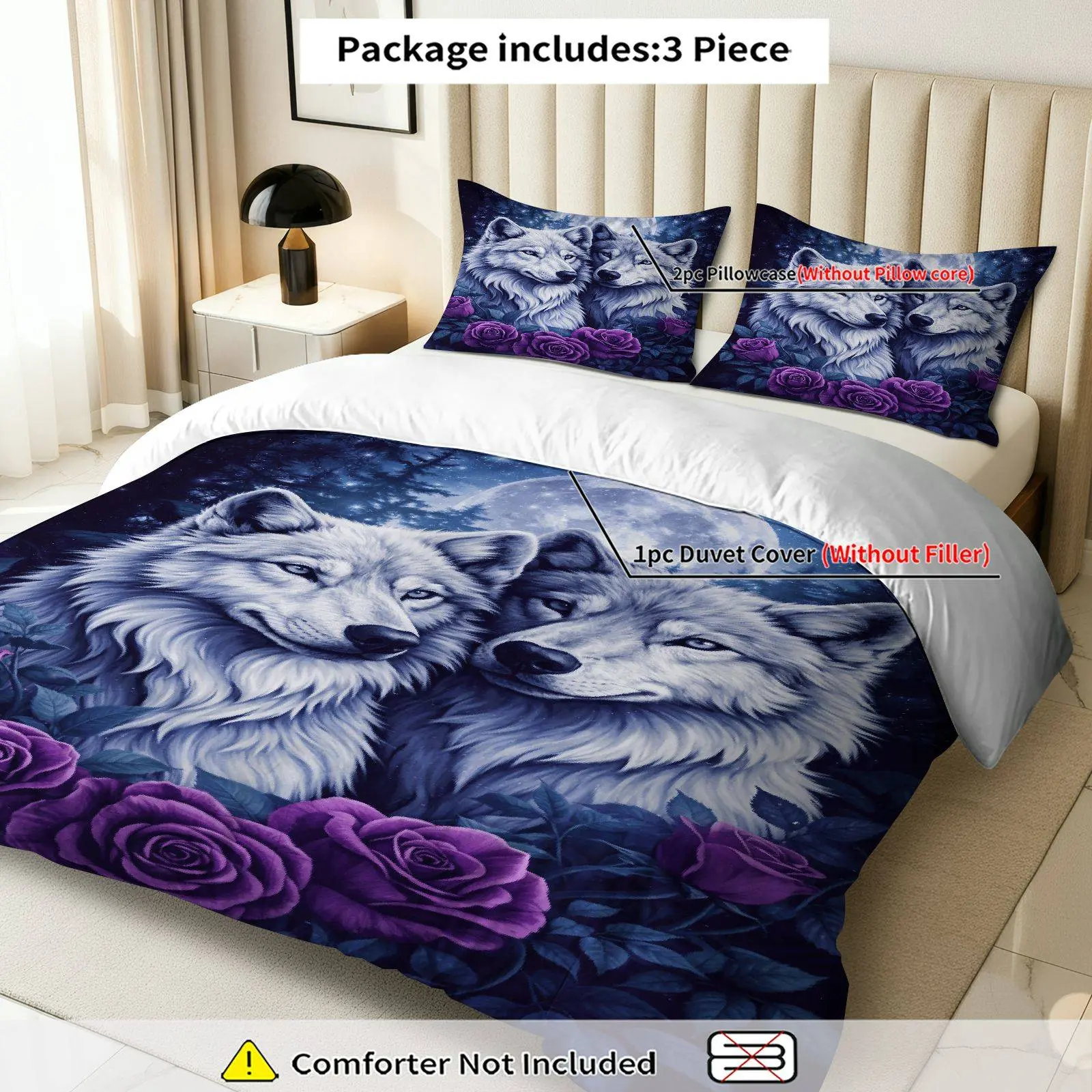 Christmas Bedding Set, Wolf Moon Rose Natural Night Theme, Cozy Animal Pattern, Includes Duvet Cover & Pillowcases, Bedroom Decor