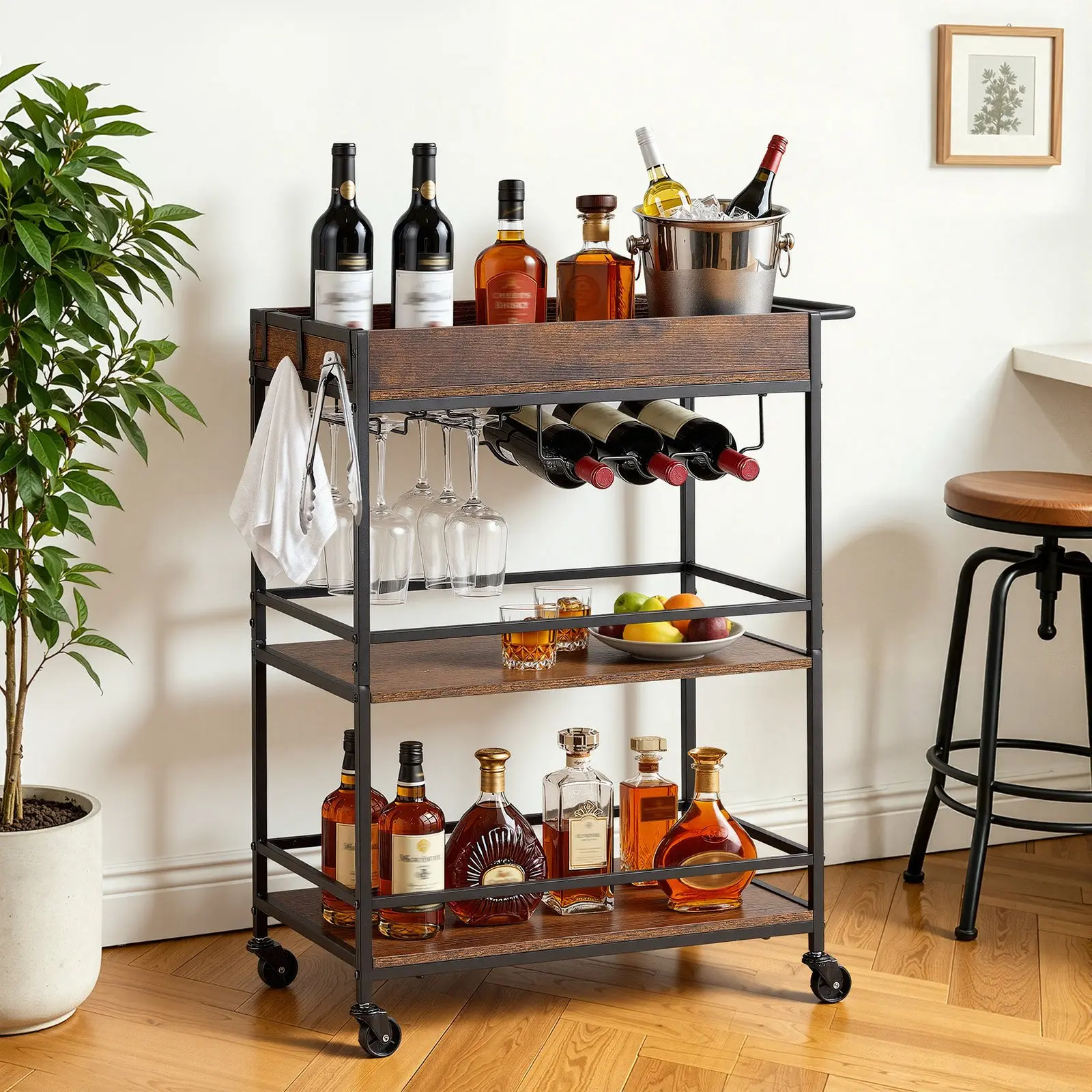 【DealsForYouDays】Sturdy Stylish Compact Industrial Look Wooden Bar Cart, 3-Tier Engineered Wood Mobile Beverage Serving Cart with Rolling Wheels, Wine Rack, Glass Holder & Bottle Storage, 26.77x14.17x32.68in, Rustic Brown-Black, Utility, Drink Serving