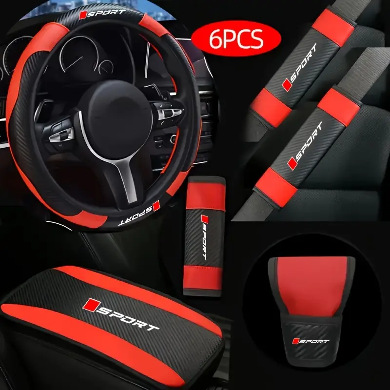 6Pcs PU Leather Car Interior Kit - Aftermarket Car-Safe Gift Sets, Auto Accessories with Steering Wheel Attachment, Armrest Pad, Shoulder Pads, Gear Shift Cover, All-Season Universal Fit, Set Pack