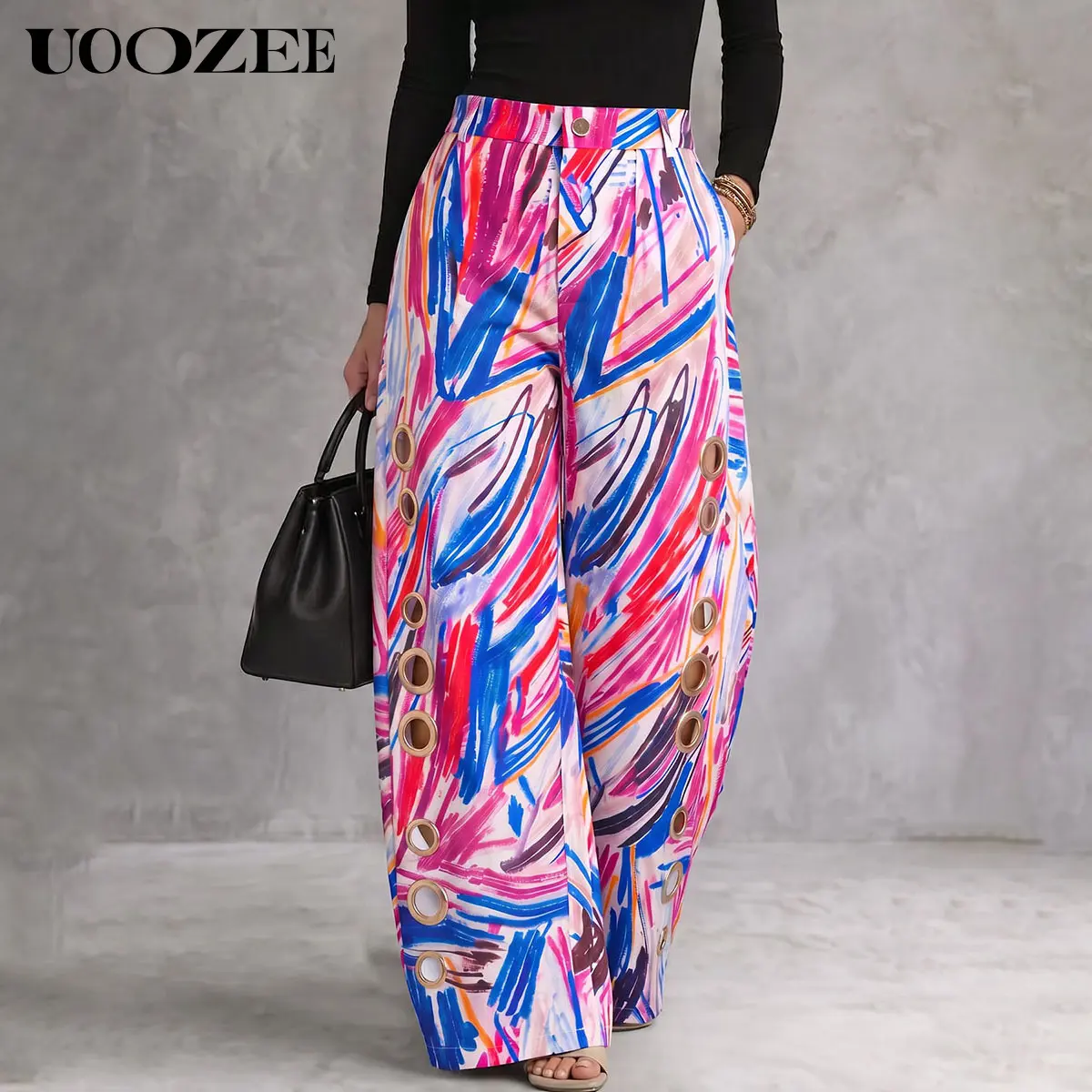 UOOZEE Women Vibrant Multicolor Graffiti Art Print Non-Denim Wide Leg Pants, 100% Polyester High Waist Side Gold Metal Eyelet Cutout Loose Full Length Trousers, Elastic Back Waist Real Front & Back Pockets, Size Down for Slim Slender Figures