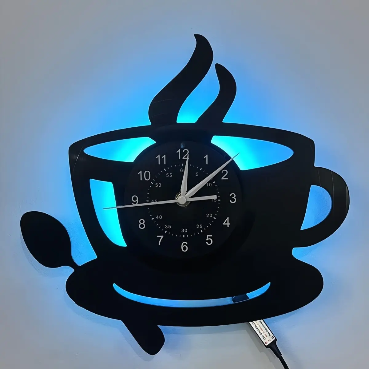 Coffee Cup Vinyl Wall Clock with 7 Color LED Lights, Vintage Record Clock, Retro Wall Decor, Perfect Gift for Mother’s Day & Father’s Day