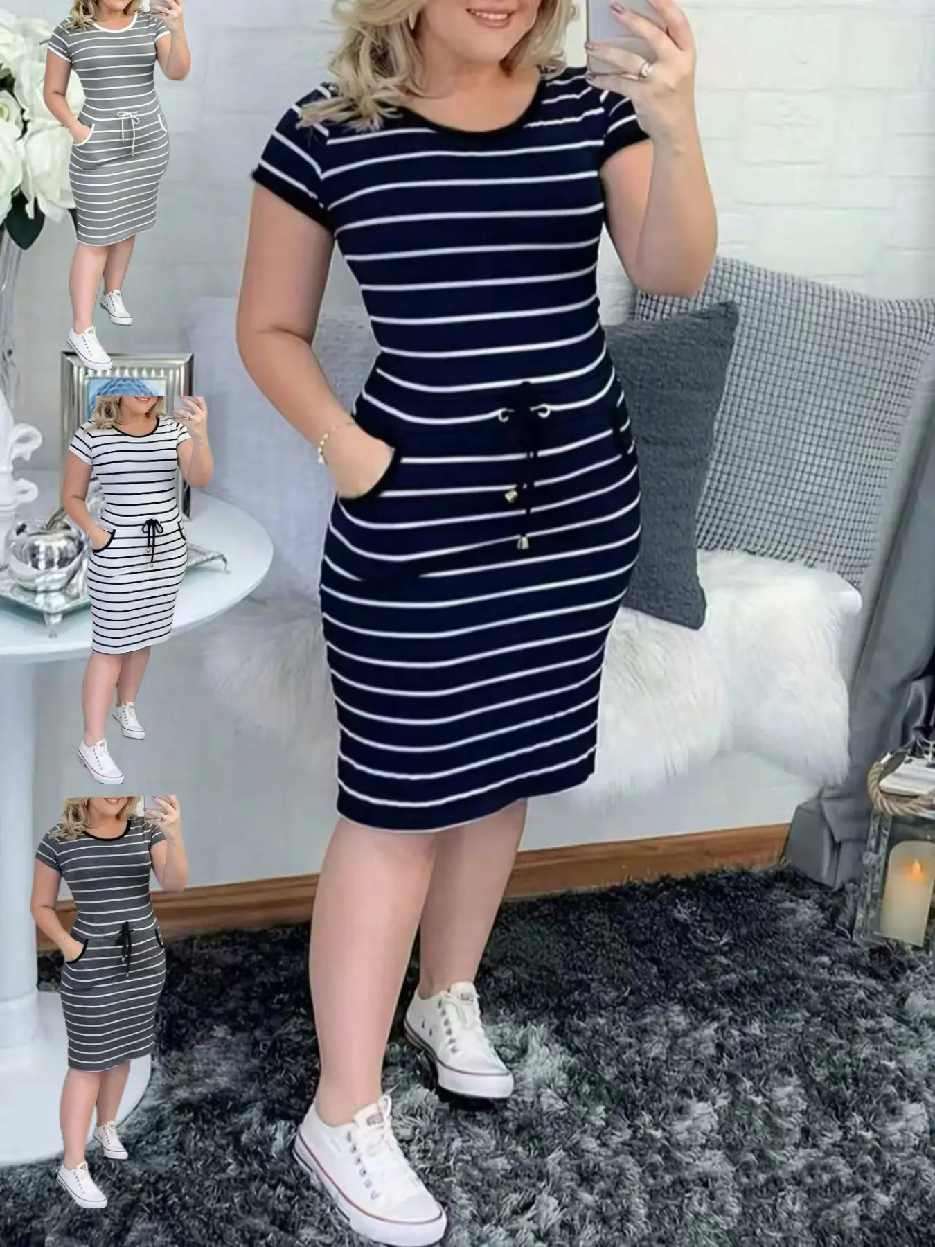 2026 New Casual Fit Double Pocket Round Neck Striped Adjustable Drawstring Bodycon Women's Dress for Daily Wear Adjustable Waist Dress