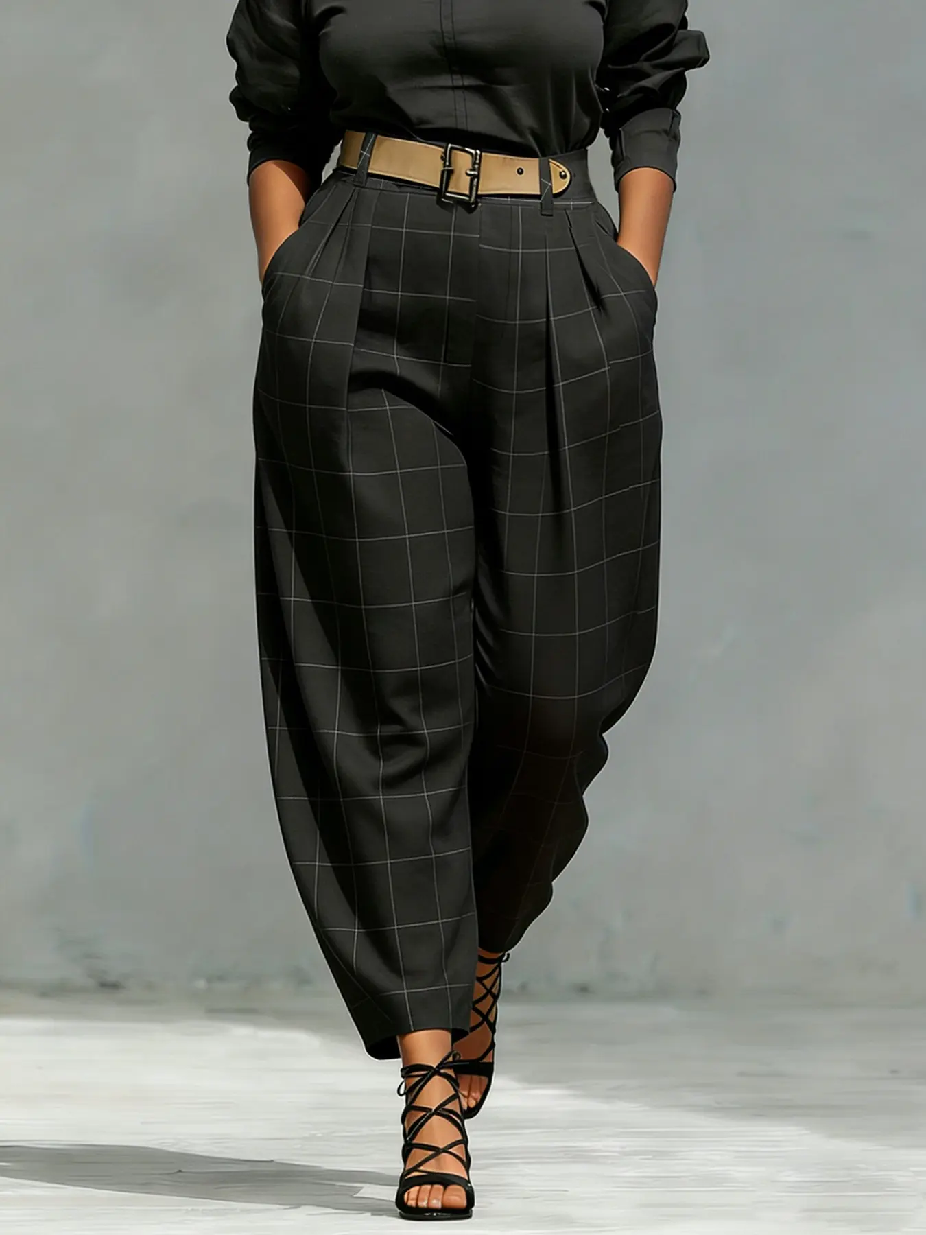 Plus Size Women's Summer Office Suit Pants, Plaid, Pocket Design, No Belt, Comfortable and Stylish, Perfect for Daily Wear