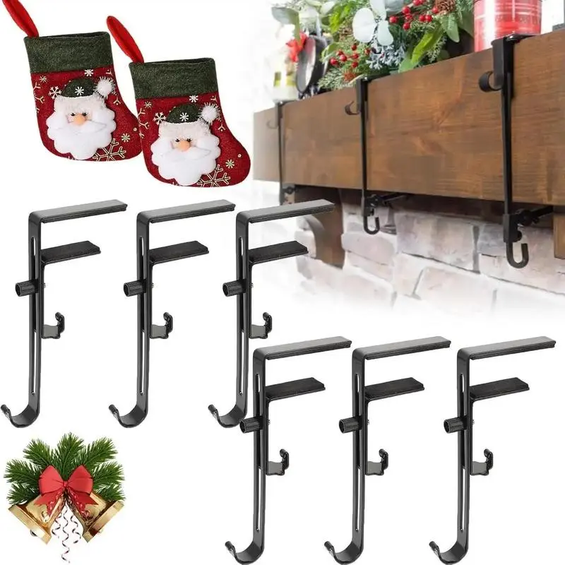 Christmas Stocking Holders for Mantel, 2 Hooks Fireplace Stocking Hangers, Heavy Duty Iron Mantel Clips with Anti Slip Pads, No Drill Christmas Decorations for Hanging Stockings and Wreaths