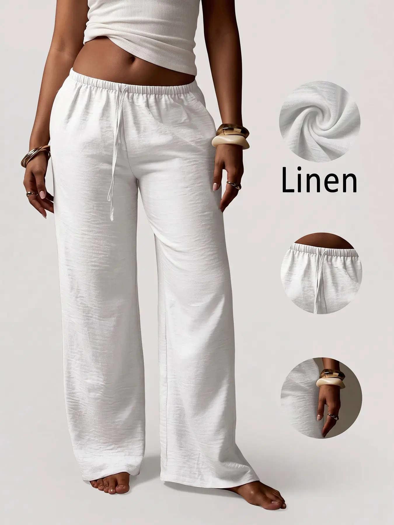 Women White Crinkle Faux Linen Drawstring Elastic High Waist Drape Wide Leg Vacation Pants, Clean Fit Minimal Textured Wrinkle Fabric Loose Floor Length Casual Resort Trousers, Boho Soft Airy Shirred Waist Drawstring Flowy Straight Leg Beach Cover Up Bott