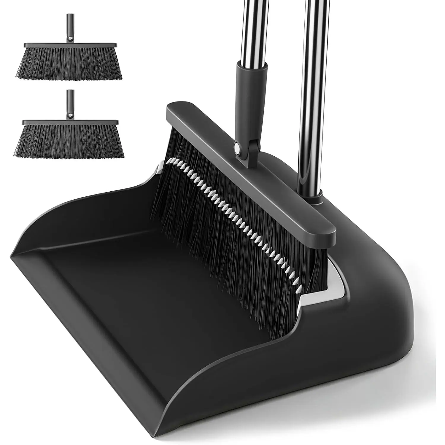 Broom with Dustpan Combo Set 53" Long Handle, Includes 2 Broom Heads| Self-Cleaning Dustpan Teeth, 180° Swivel Brooms Head, Angled Bristle, Standing Dustpan for Sweeping Indoor Dog Cat Pets Hair