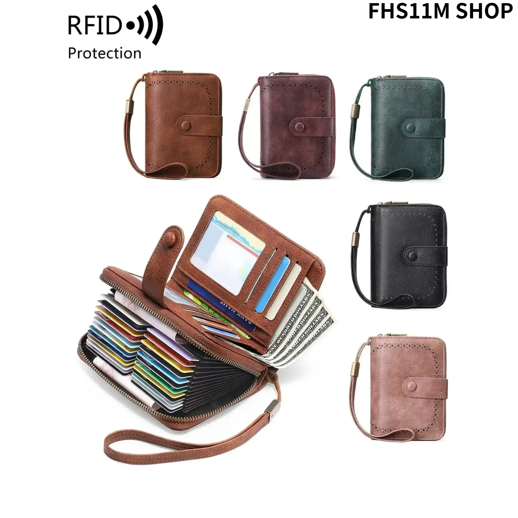 Men's Genuine Cow Hide RFID Blocking Accordion Fold Wallet - Vintage Buckle Card Holder with Wrist Strap, Do Not Wash (Travel Use), Vintage Card Holder, Plain Emboss, Retro Chic, Business Use, Flap, Mens Wallet