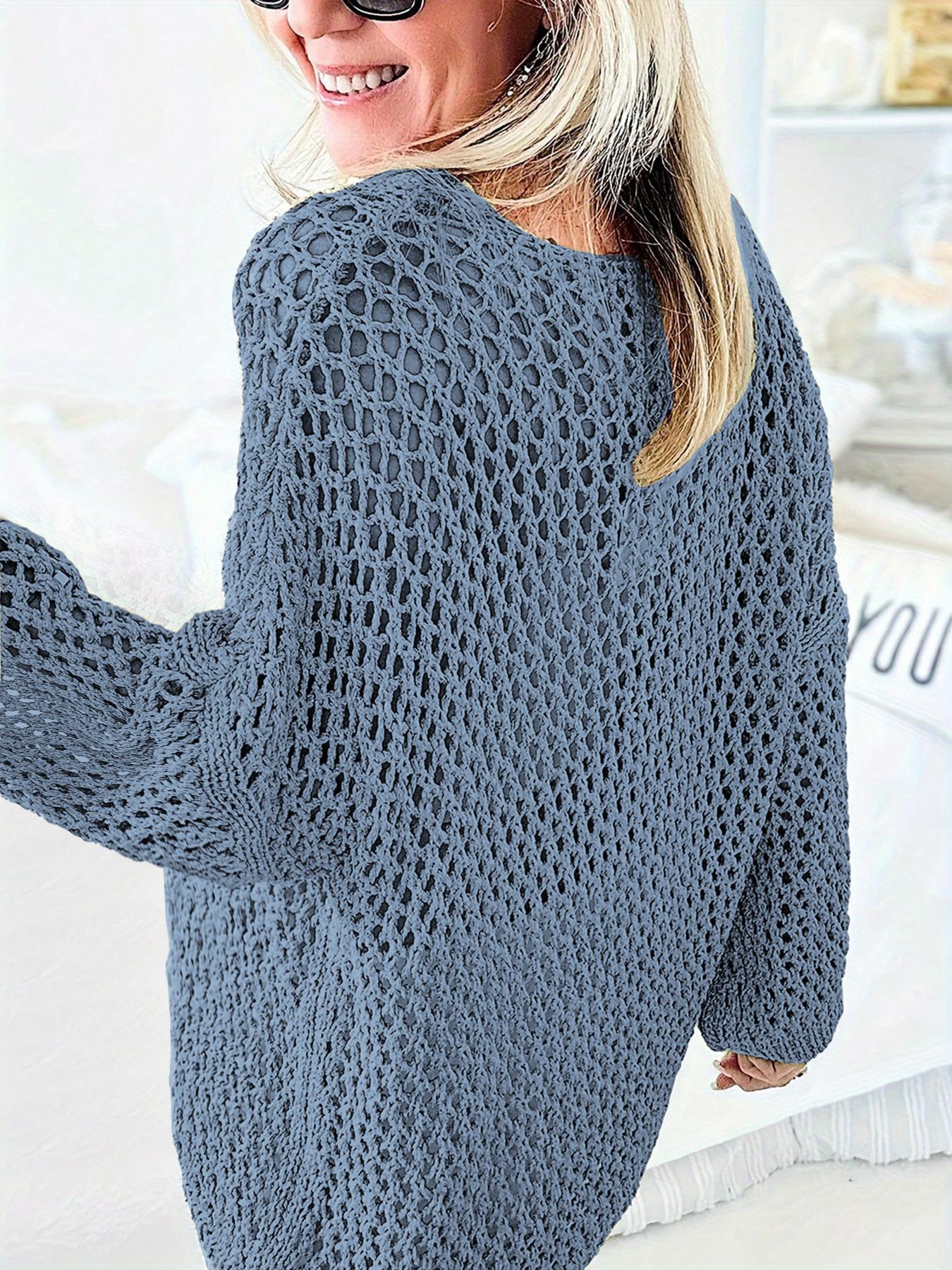 Women's Plain Hollow Out Sheer Drop Shoulder Crochet  Sweater, Casual Long Sleeve Crew Neck Jumper for Summer, Fashion Women's Knitwear for Daily Wear
