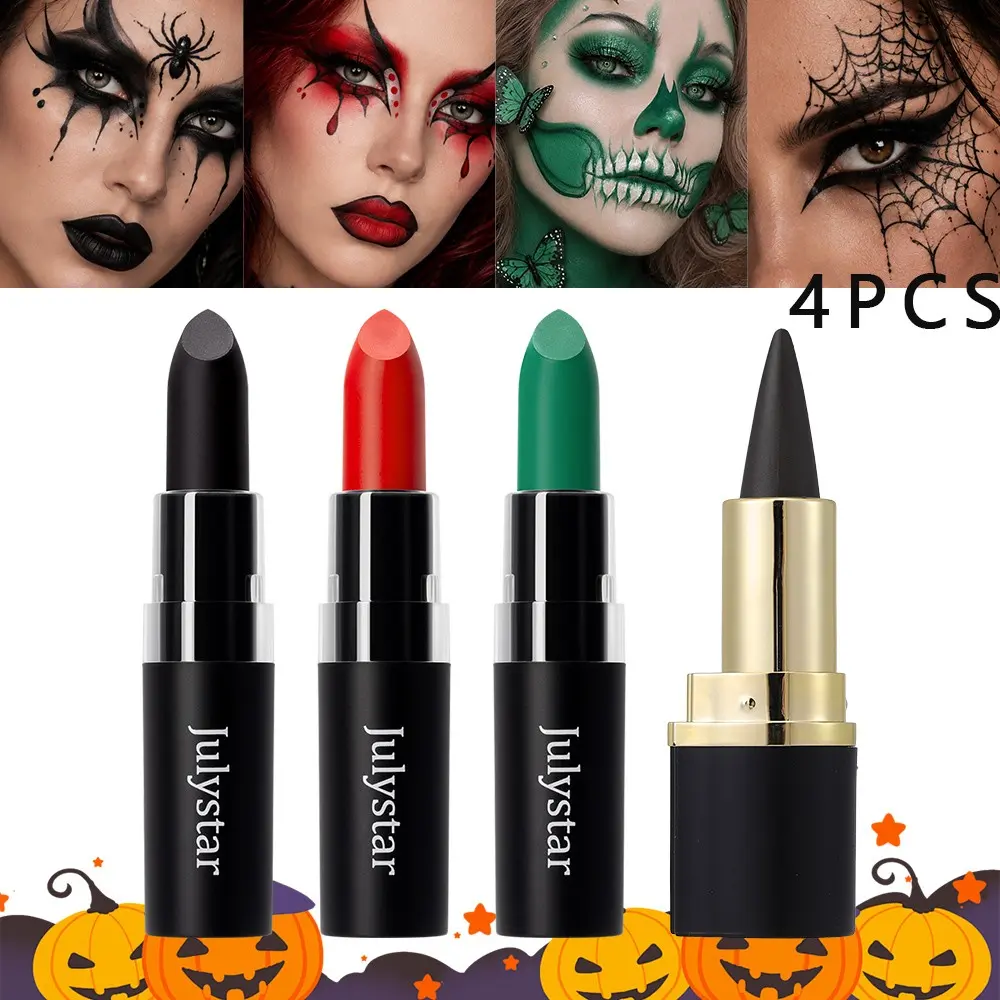 4Pcs Halloween Face Body Paint Stick Set, Vibrant Black Red Green Shades, Smooth Creamy Texture, Long Lasting Waterproof Face Paint, Non‑Toxic Water‑Based Makeup For Cosplay, Costume Party, Skull & Clown Character Looks.
