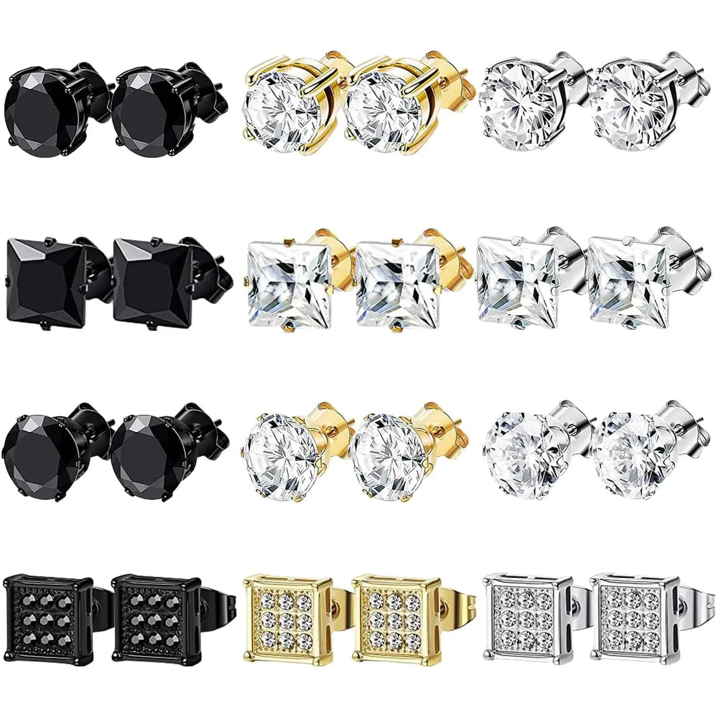 12 Pairs Stainless Steel Stud Earrings for Men  Earring Unisex Studs Inlaid Cubic Zirconia Men Earrings Hoop CZ Stud Earring Set for Women