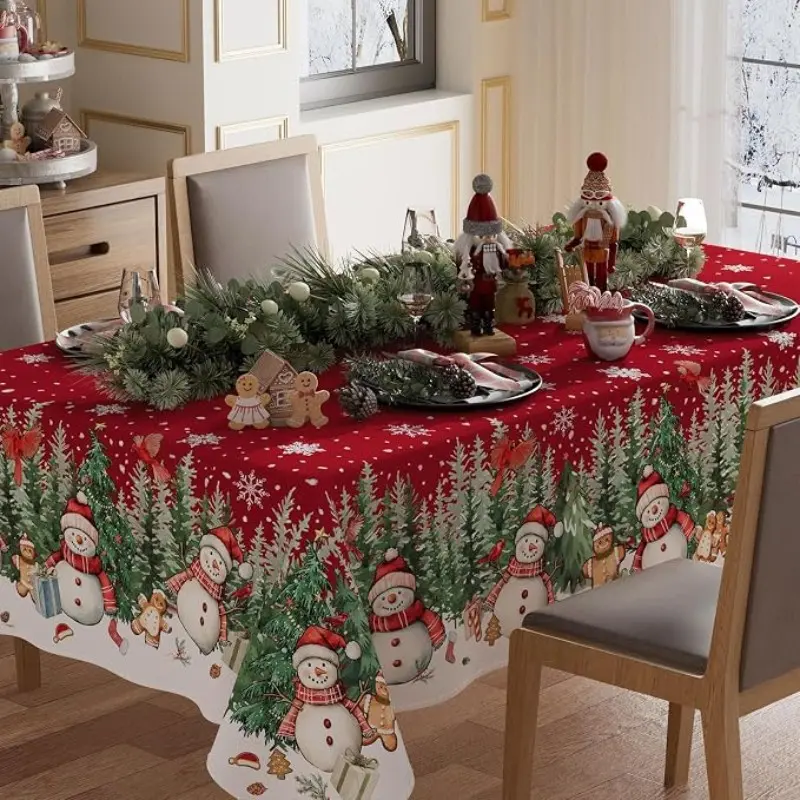 2D Flat Party Tablecloth 1pc, Snowman Gingerbread Tree Winter Tablecloth, Rectangular Christmas Tablecloth, Indoor Dining Family Gathering Decor Decoration