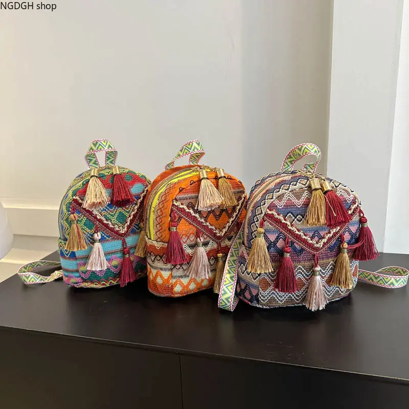 Women's Compact Boho Pattern Tassel Top Woven Crossbody Bag - Adjustable Strap, Colorful Ethnic Purse for Summer Beach Travel & Daily Casual Sports, Outdoor Accessory