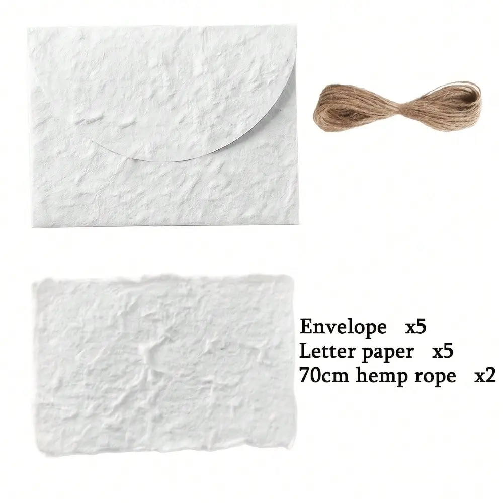 5 sets, 5 handmade white textured envelopes+5 sheets of cotton special paper+2 pieces of 70cm hemp rope. The envelope has a three-dimensional texture and is finely cut into handmade textured envelopes.