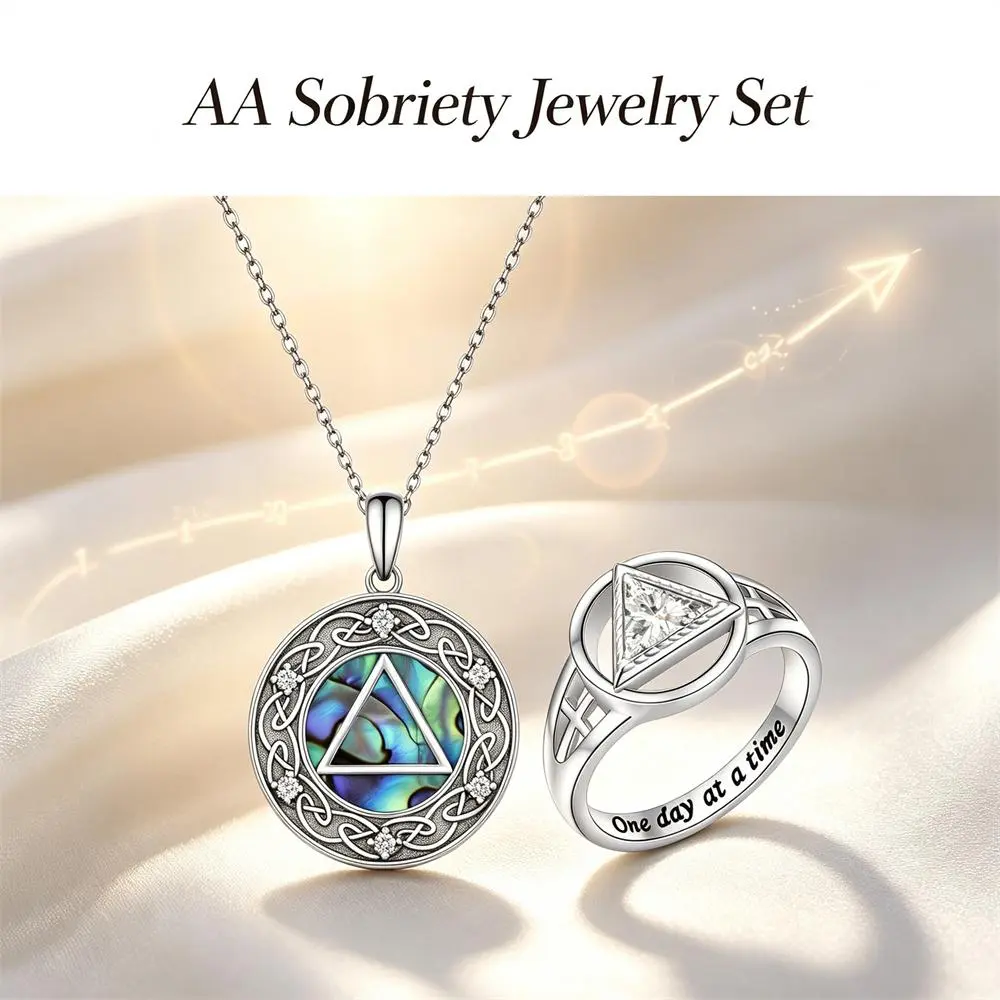 Elegant Women's AA Sobriety Jewelry Set - Stainless Steel Abalone Shell Inlay Necklace & Cross Triangle Ring - One Day at a Time, Beautiful Celtic Sobriety Recovery Gift for Her, Strength & Milestone Jewelry