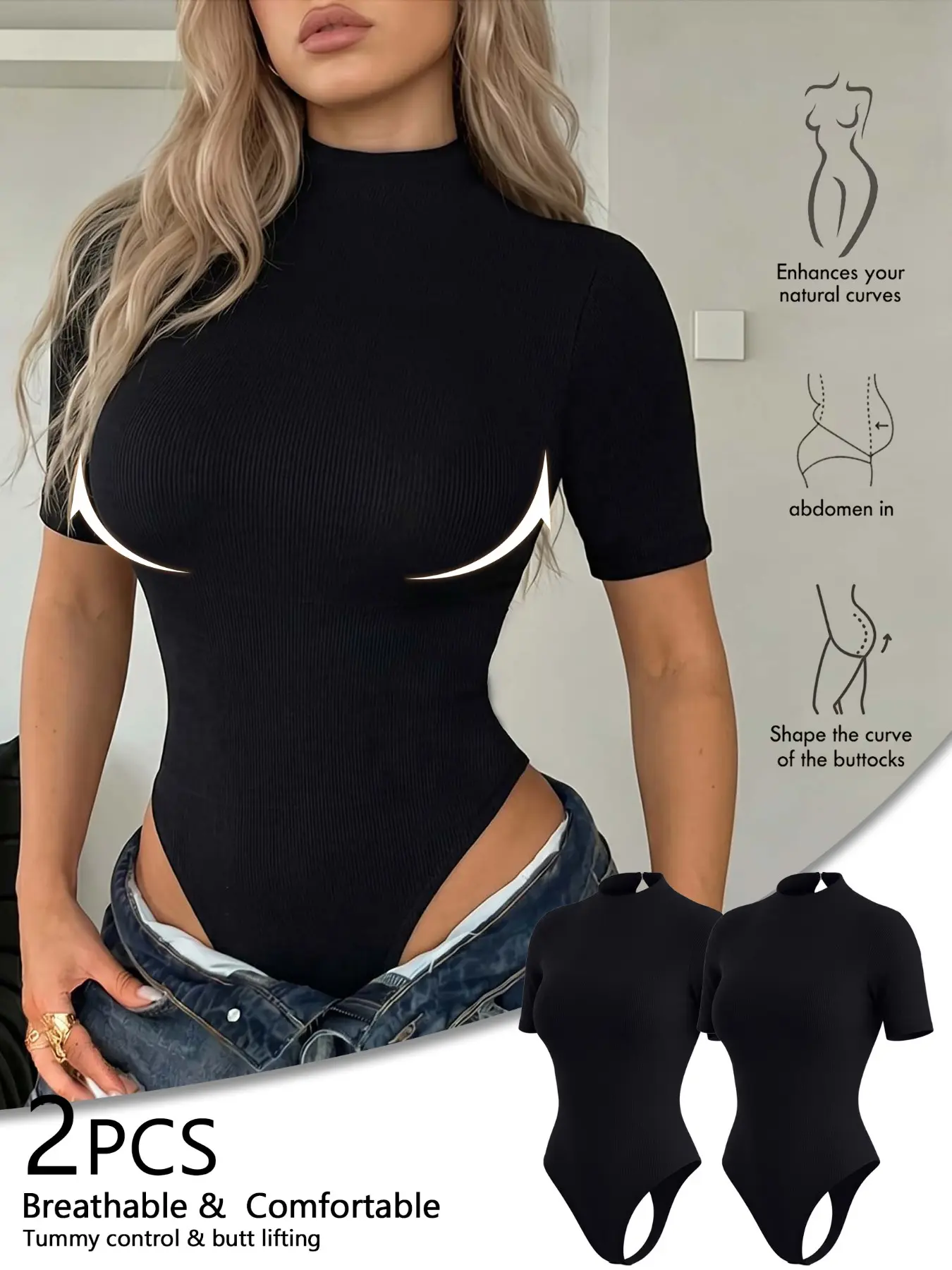 2 Pcs High Stretch Body Hugging Tummy Control Butt Lifting Underwear Shapewear Bodysuit Breathable Short Sleeve Turtleneck Slimming