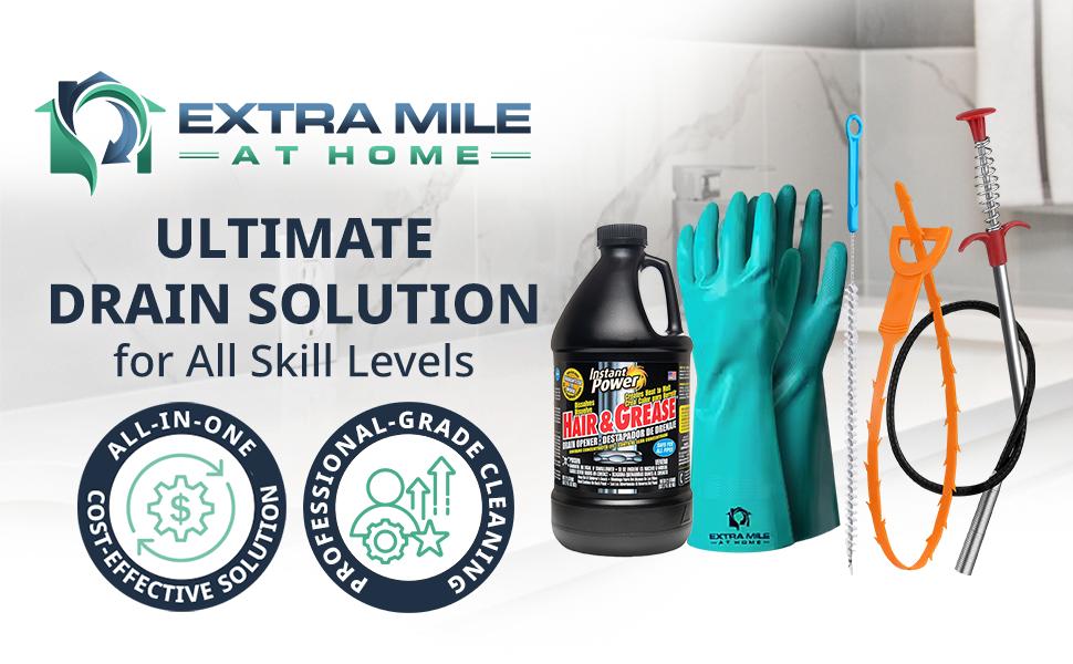 Ultimate Drain Solution Instant Power Hair & Grease Drain Cleaner Opener 2L Bundle with Drain Snake Hair Drain Clog Remover, and Protective Gloves