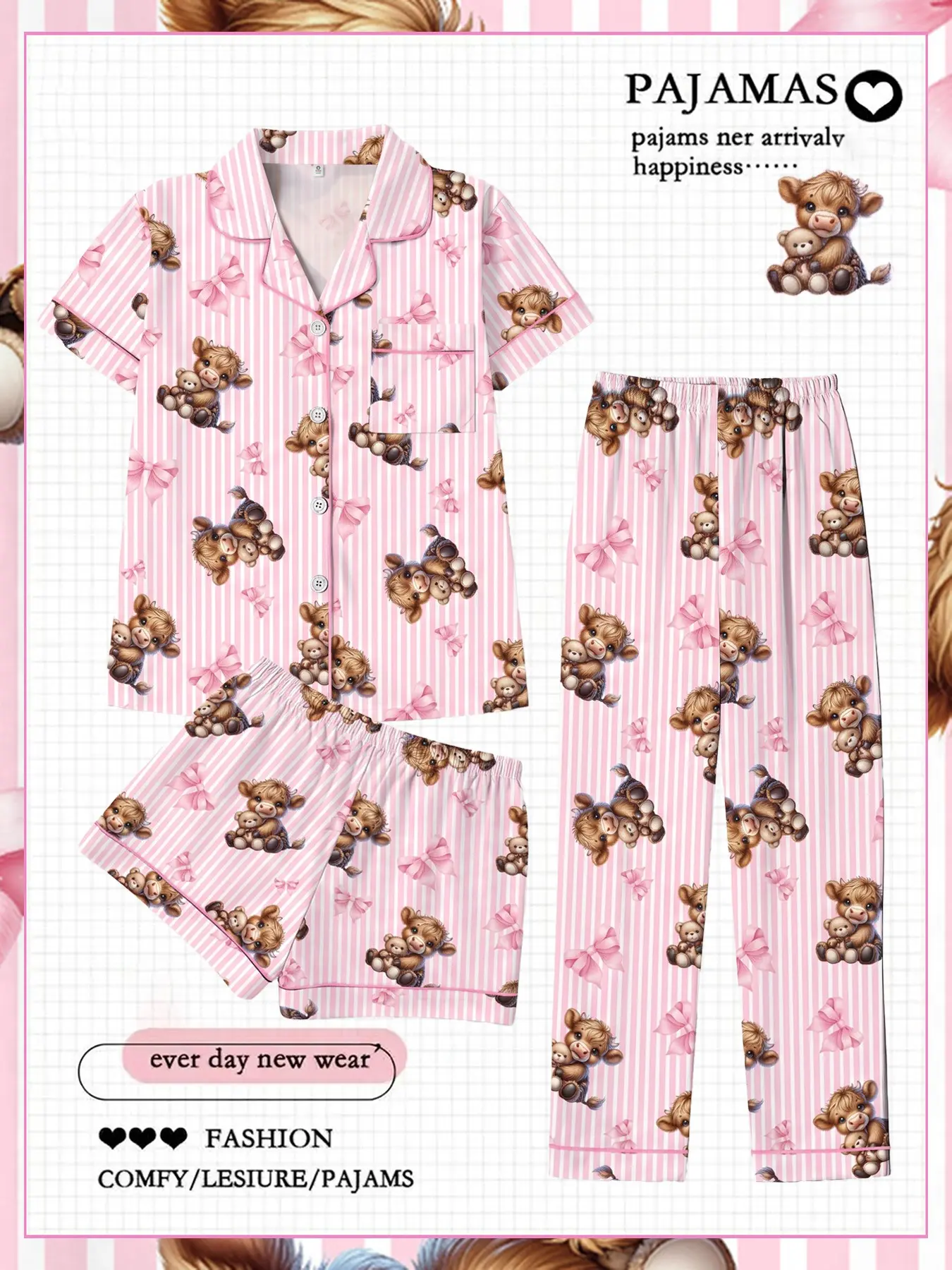 Women Pajama Set, Cardigan Short Sleeve Top, Shorts & Long Pants, 3 Pcs Loungewear, All Season Wear, Cute Highland Cow & Bow Print On Pink Stripes, Casual Sleepwear, Relaxed Home Outfit, Cozy Nightwear For Daily Lounging, Sweet Fun Pattern For Home Wear