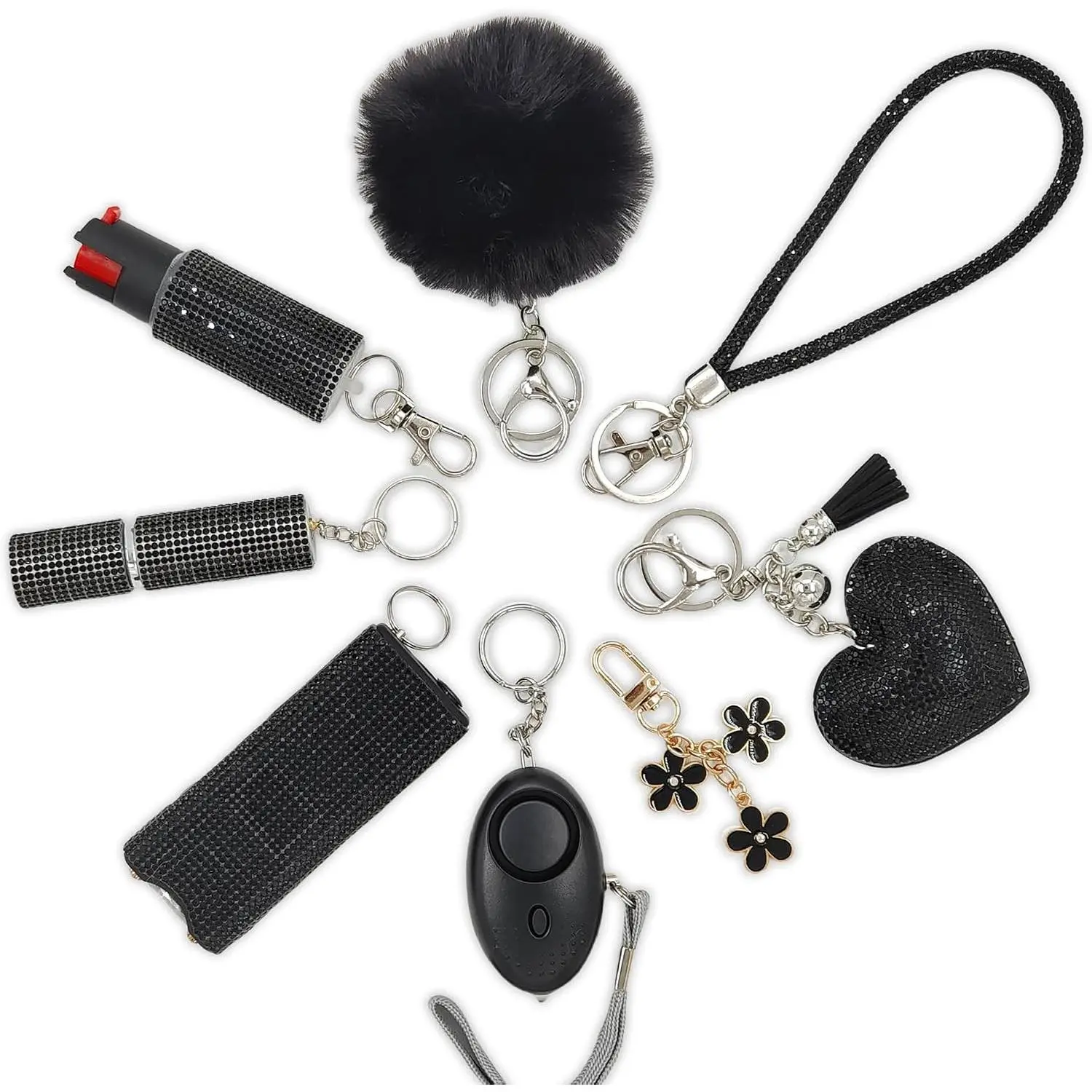 Gift Keychain Set for Women Including Wrist Strap, Heart Accessory, Petal Decor and Pom Pom