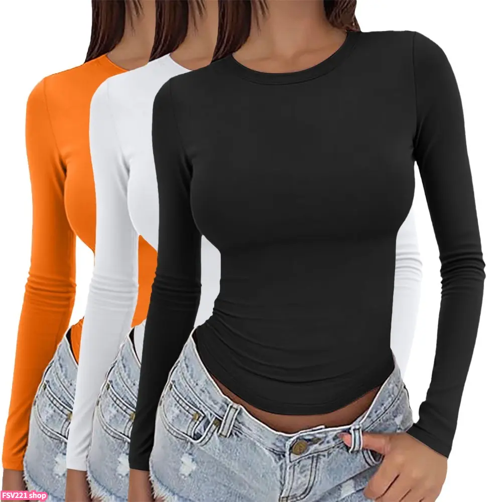 Women's Polyester Blend Fitted Long-Sleeve Trendy Tee - Round Neck Undershirt, Minimalist Fashion Streetwear Top, Layering Top for Casual Everyday Use