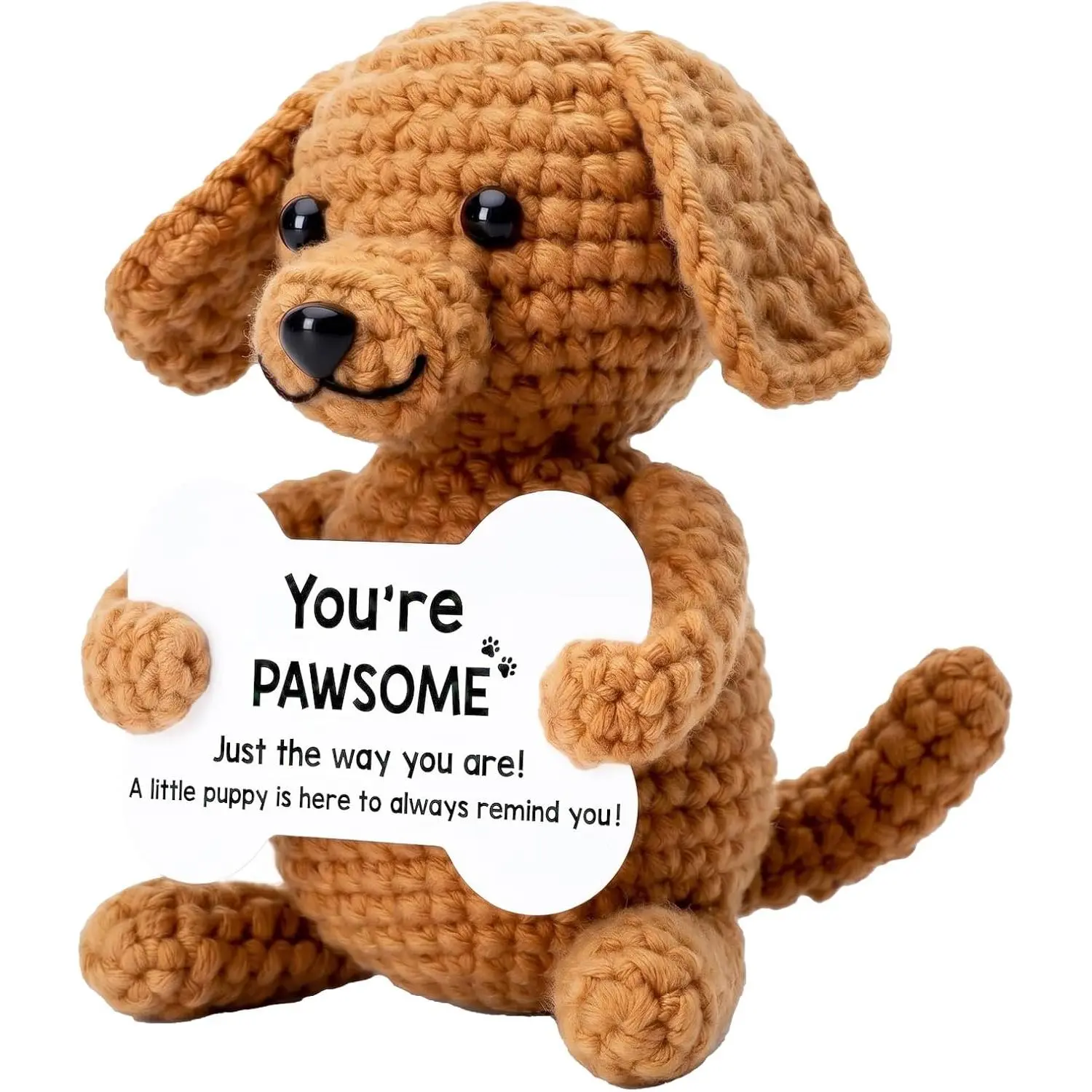 You're Pawsome Crochet Dog with Inspirational Card – Handmade Desk Pet for Adults, Emotional Support Plushie, Cute Easter Gift & Office Desk Decor (Brown)