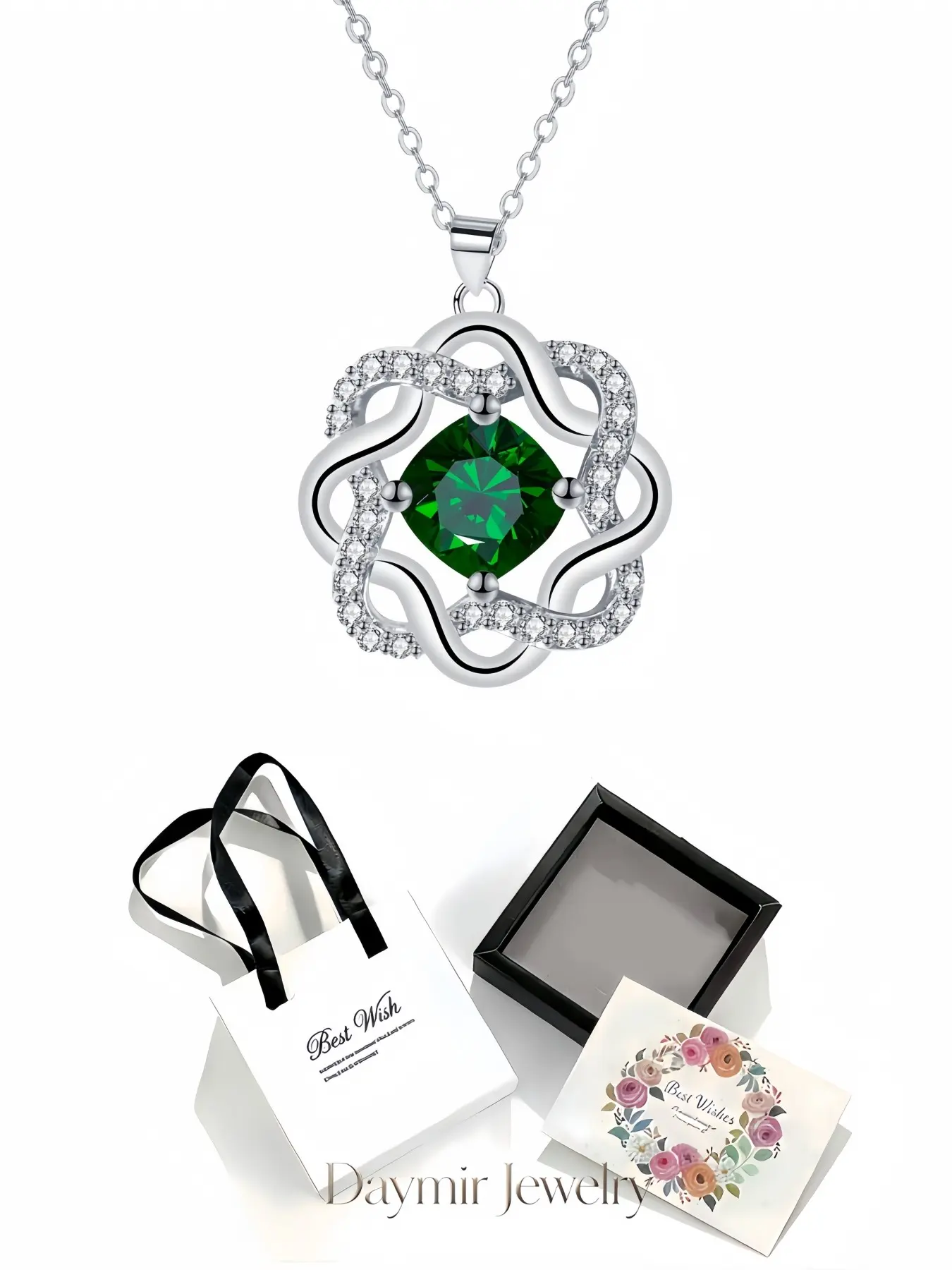 Emerald Winding Shadow Necklace, classy romantic gem pendant for ladies. Comes with delicate drawer jewelry box, ideal gifts for birthdays, Mother’s Day, Valentine’s Day, Christmas and anniversaries.