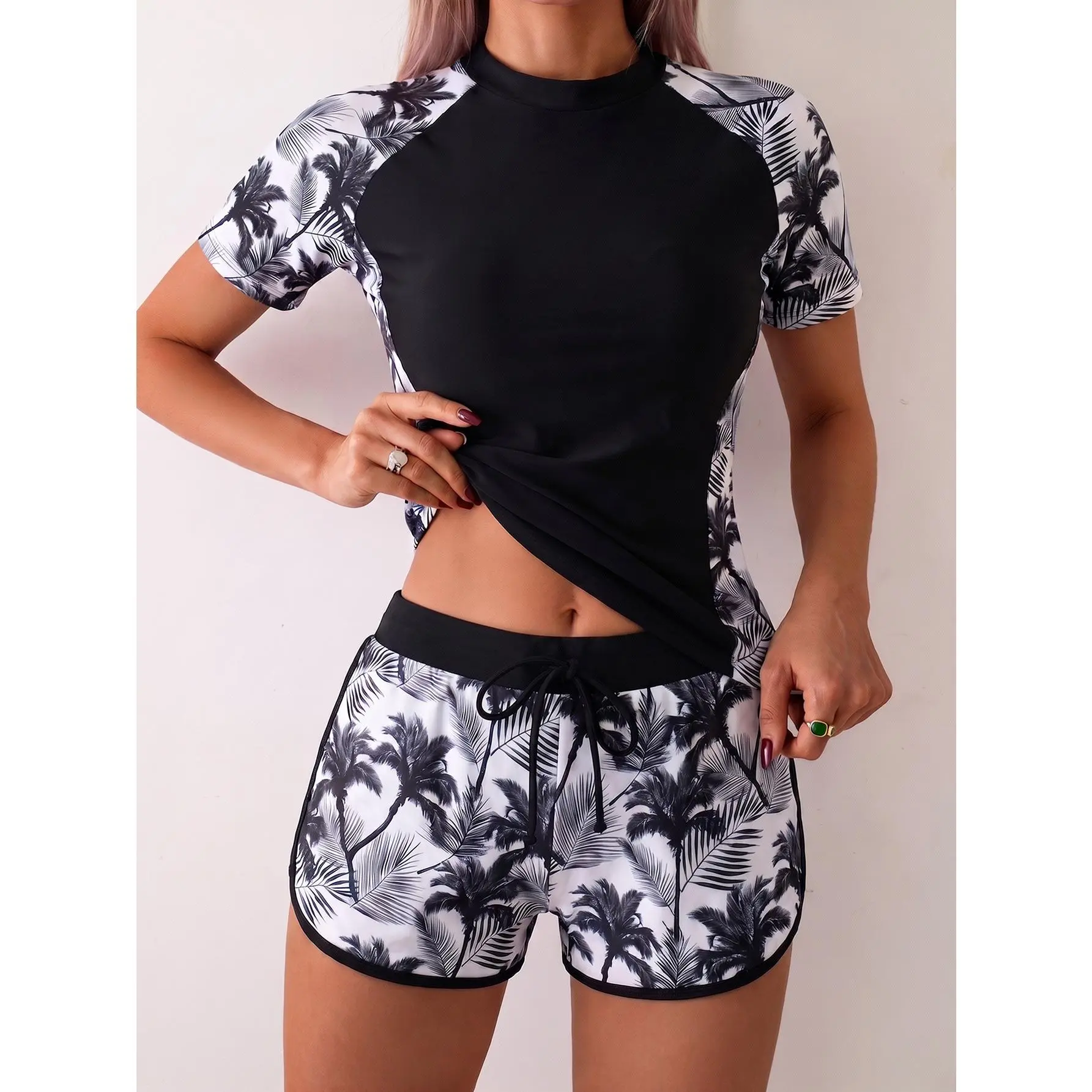 Women's  Palm Tree Print Two Piece Tankini Swimsuit, Raglan Short Sleeve High Neck Color Block Top, Drawstring Waist Tropical Printed Swim Shorts, Modest Sport Bathing Suit for Beach, Swimming, Vacation