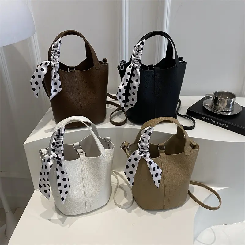Female 2026 Bucket Top Bag - Women's Synthetic All-Season Top Handle Purse with Adjustable Strap, Scarf Detail, Convertible Crossbody for Work, Shopping