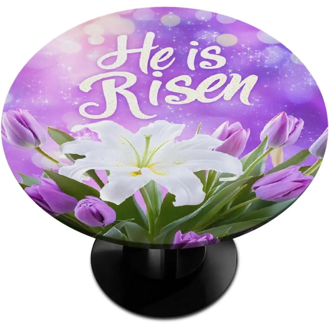 Elastic Fitted Polypropylene Round Tablecloth, Easter "He Is Risen" Waterproof Oil-Proof 48 in (Fits 45"-50" Tables) Washable Reusable Home Decor for Kitchen Dining Camping, Room Decor