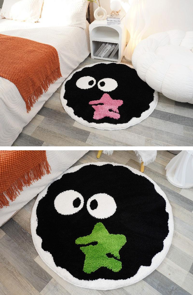Cute Black Briquettes Carpet Soft Plush Shaggy Round Lounge Rug Anti-Slip Cartoon Style Cozy Living Room Home Decor Rugbriquette