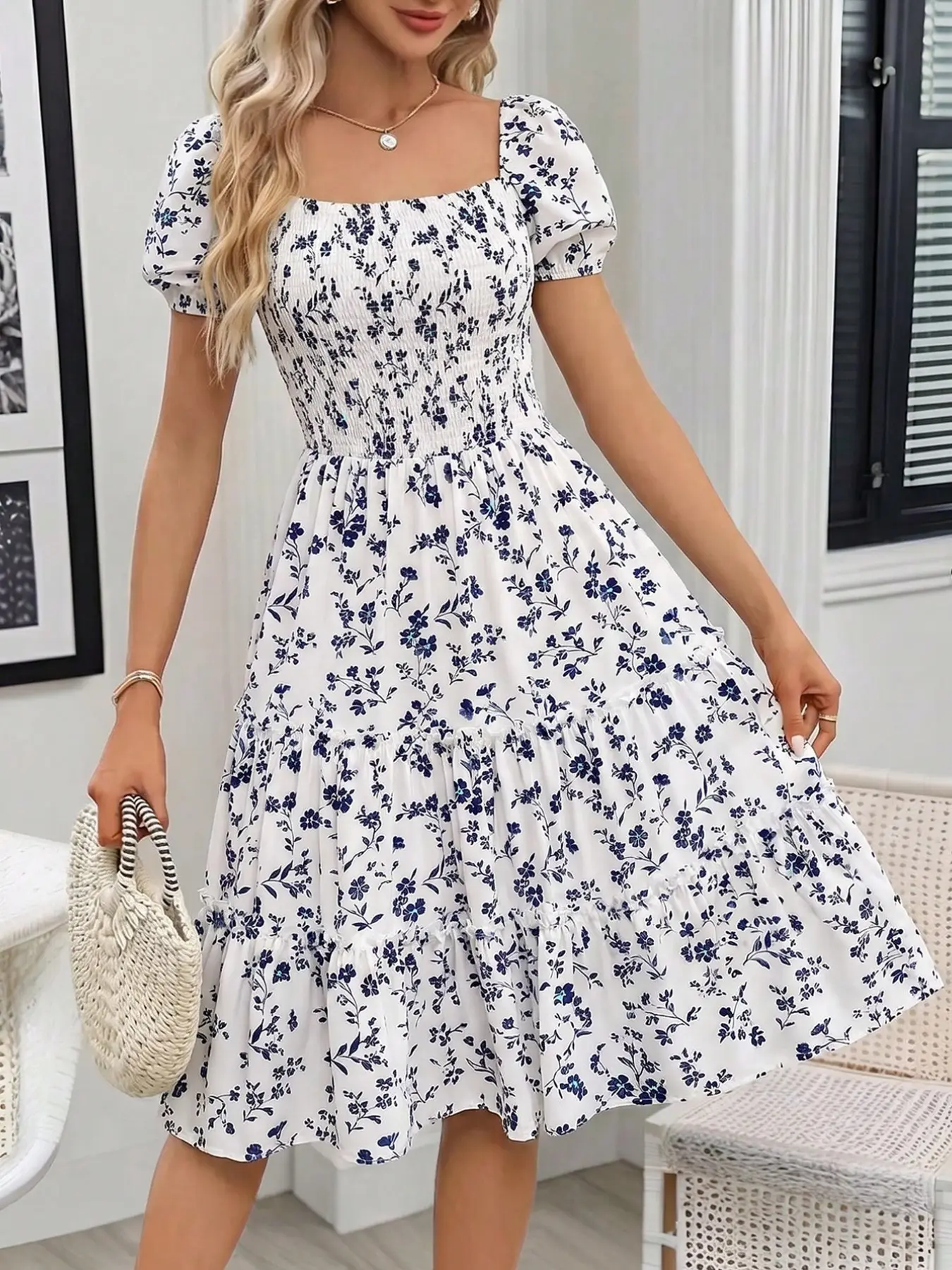 Women's Fresh Blue Floral Dress, Square Neck Bubble Sleeve Waist Cinch Cake Dress, Lightweight Breathable Print Midi Dress, Summer Vacation Casual Chic Daily Wear