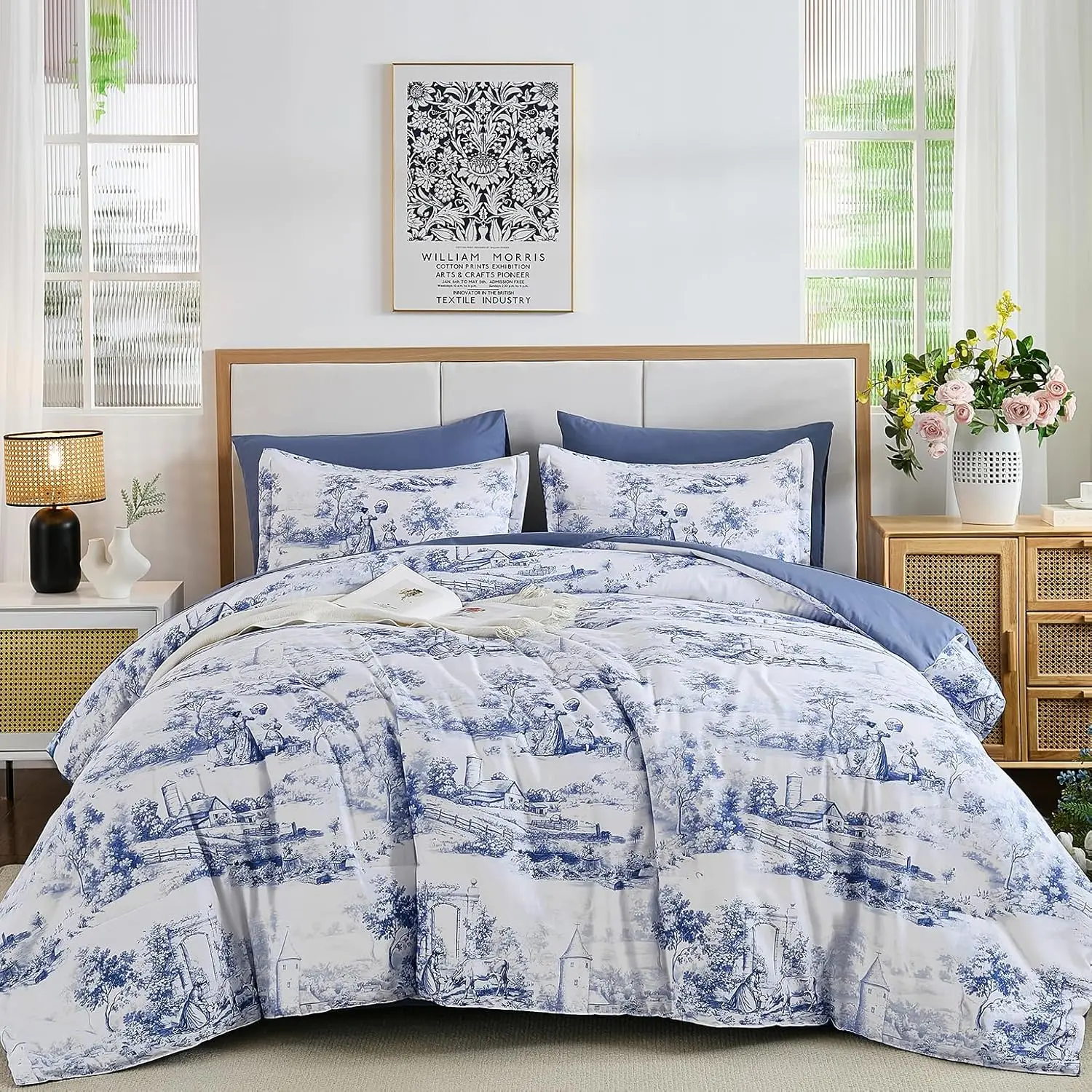 Blue Comforter Set Full, 7 Pieces Bed in a Bag Blue Comforters with Sheets, Vintage Farmhouse Botanical Print Bed Sets, Soft Lightweight Microfiber Complete Bedding Set for All Season