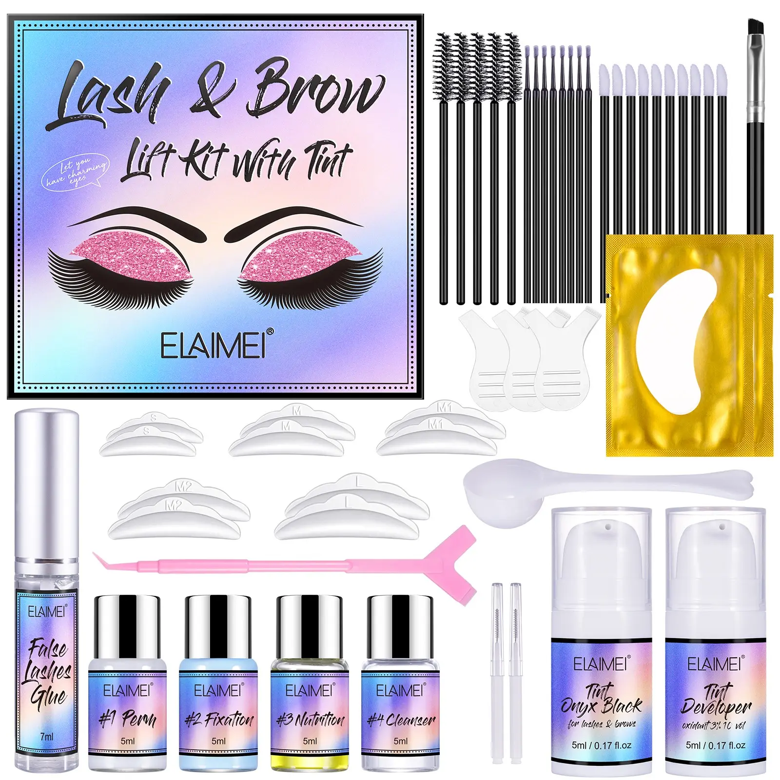 ELAIMEI Eyelash & Eyebrow Perming and Tinting Kit, Signature eyes set: Includes perm solution, tint, and tools; creates naturally curled and lifted lashes, lightens or darkens eyebrows and lashes