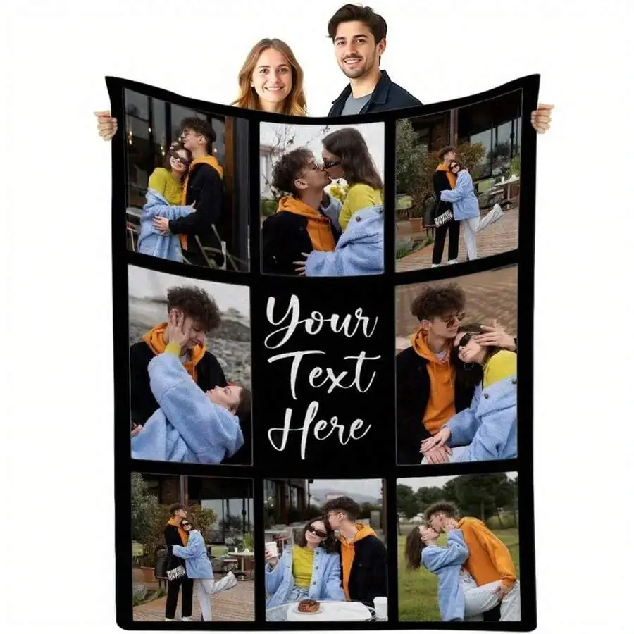 Personalized Custom Photo Flannel Throw Blanket for Couples, Romantic 9 Photo Collage Blanket with Custom Text, Anniversary Gift for Girlfriend Boyfriend, Soft Cozy Blanket for Couch Bed Bedroom Decor