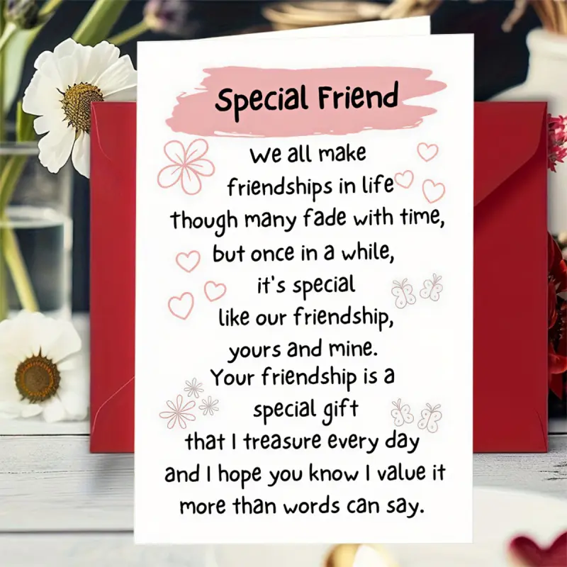 A special friend greeting card with heartfelt friendship messages, floral design, blank inside, suitable for giving to your best friend for birthdays or to express gratitude