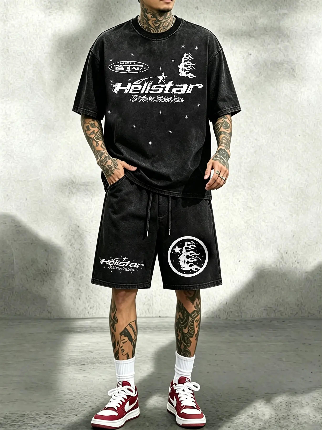 Men's Summer Fashion Set Clothes, Vintage Dark Street Style, Tie-Dye Star Flame Tee and Shorts, Casual Sporty Two-Piece
