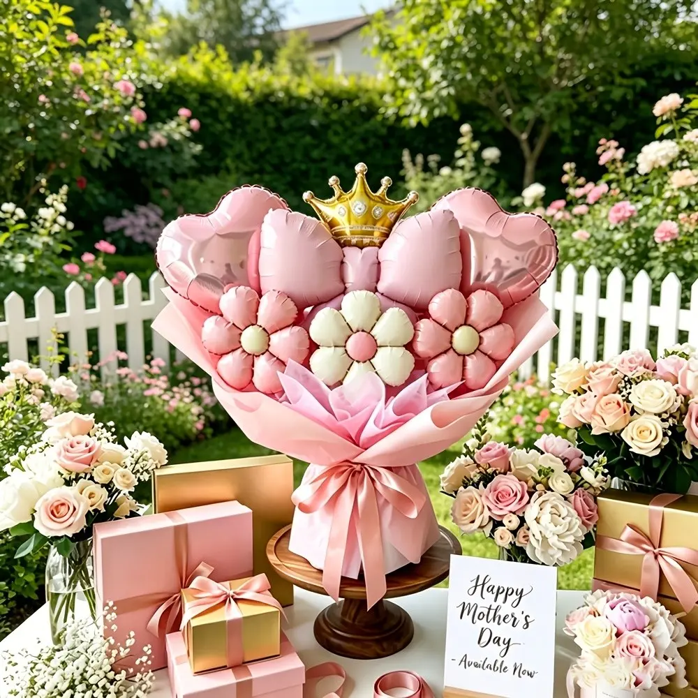 Flower Bouquet Balloon Kit, Pink Bow, Heart, Mini Crown & Floral Foil Balloons with Sticks, Dusty Blush Tissue Paper & Pink Ribbon, Photo Props for Proposal, Engagement, Wedding, Anniversary, Summer Events & Bridal Shower