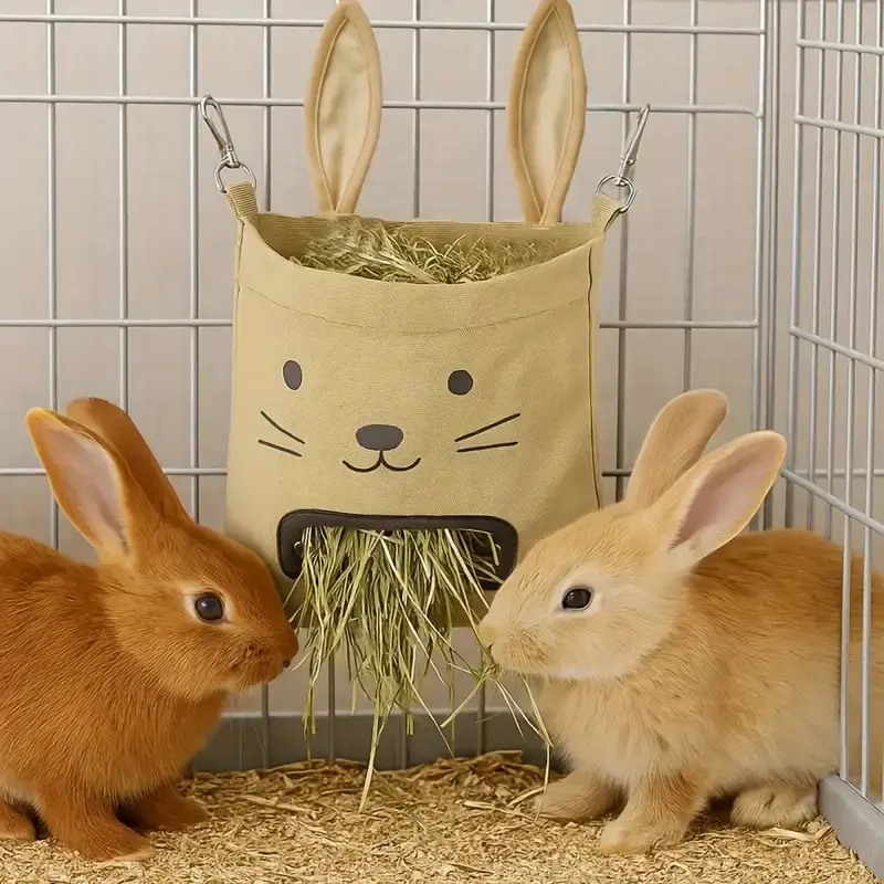 Heavy-Duty Hanging Pet Feeder with Bunny Face - Large Capacity Hay Feeder, Anti-Tipping Design, Easy to Hang Chain for Cages, Indoor/Outdoor Small Animal Food Bowl - Compatible with Rabbits, Guinea Pigs, Kittens, Cats - Beige, Fun Animal Print